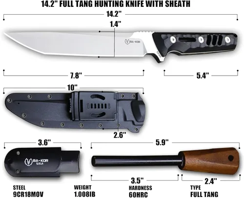 Miniatura 2 de BA-KOR Cuchillo de caza de espiga completa de 14.2 pulgadas (estilo japonés) - Cuchillo de supervivencia de acero DC53 de 0.315 in, mango y funda