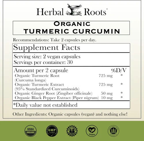 Miniatura 2 de Herbal Roots Cápsulas de curcumina de cúrcuma, extra fuerte, 1300 mg, hechas con raíz de cúrcuma orgánica, 95% curcuminoides, mejor absorción