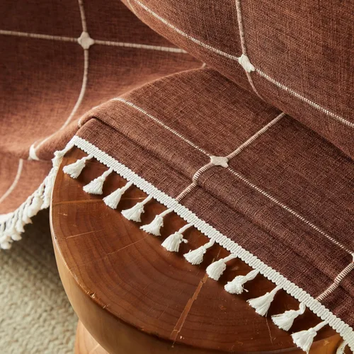 Miniatura 59 de ZeeMart - Mantel de mesa con diseño de cuadrícula boho y borlas (blanco roto, 132 cm x 132 cm), mantel de gran peso de lino a cuadros bordado
