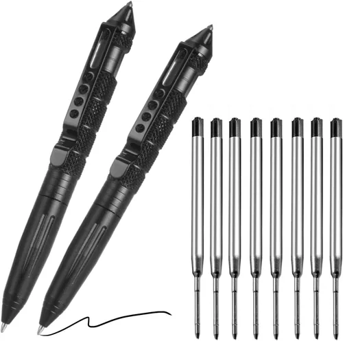 Miniatura 7 de Bolígrafo táctico militar de acero de tungsteno, paquete de 2 unidades de autodefensa de emergencia con 8 recambios de bolígrafo negro