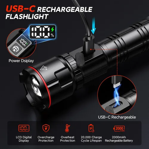 Miniatura 5 de RECHOO Paquete de 2 linternas recargables, linterna LED súper brillante de alto lúmenes con pantalla digital LCD, 3 modos de iluminación y luces