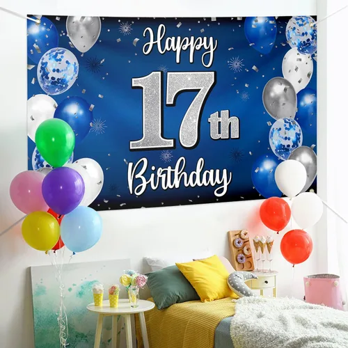 Miniatura 3 de Decoraciones de Feliz Cumpleaños 17, Globo Azul y Plateado 17 Pancarta Grande de Fondo Letrero de Cumpleaños, Brindis por Diecisiete Años 17th