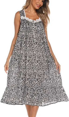 Miniatura 4 de AVIIER Camisones de algodón para mujer, sin mangas, vestido de casa largo con bolsillos, S-XXL