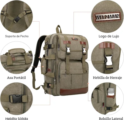 Miniatura 8 de Mochila de lona WITZMAN con puerto de carga USB, mochila grande de viaje, equipaje de mano, apta para laptop de 17 pulgadas para hombres, Verde