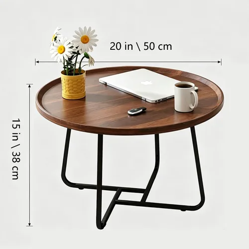 Miniatura 2 de Mesa auxiliar redonda pequeña, superficie de madera y patas de metal resistentes con estriado, mesa auxiliar para sala de estar, dormitorio