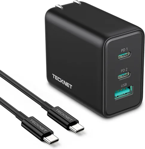 Miniatura 9 de TECKNET Cargador rápido USB C de 65 W PD 3.0 GaN cargador de pared, adaptador de viaje plegable de 3 puertos para iPhone 17 Pro Max/17 Pro/17