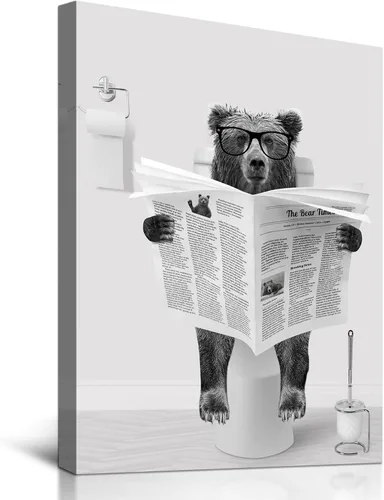 Miniatura 8 de Decoración de Arte de Pared en Blanco y Negro – Oso con Gafas Sentado en el Inodoro Leyendo Periódico, Impresiones en Lienzo, Imágenes de Animales