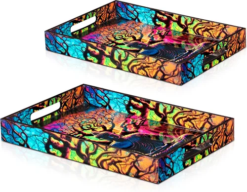 Miniatura 6 de Crocon Juego de 2 bandejas rectangulares decorativas con estampado esmaltado de Buda, color negro
