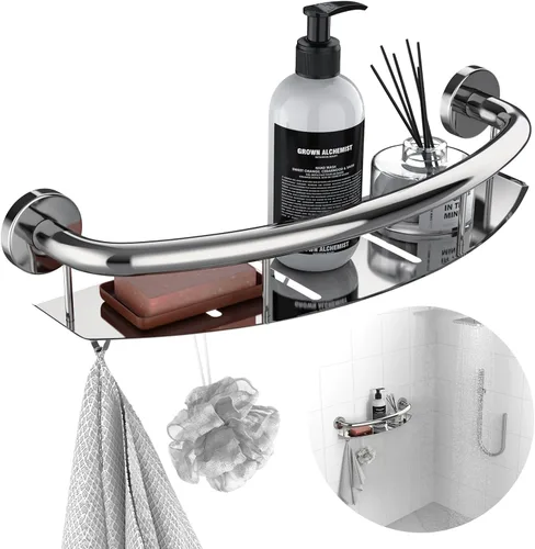 Miniatura 14 de Barra de seguridad blanca de 18 pulgadas con estante de almacenamiento para bañera o ducha, orificios de drenaje, acero inoxidable, barras de agarre