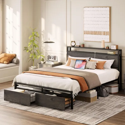 Miniatura 8 de LIKIMIO Base de cama Queen con cabecera de almacenamiento, cama de plataforma con cajones y estación de carga, no necesita somier, fácil montaje