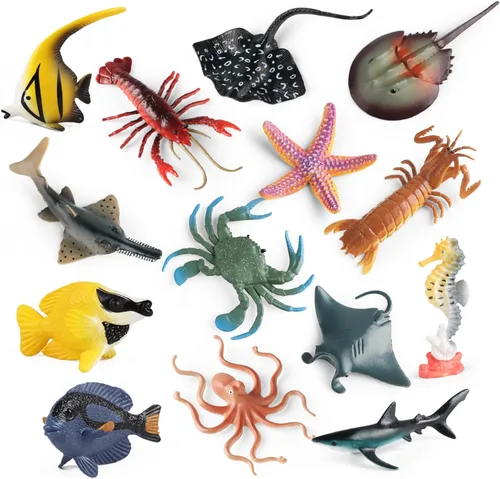 Miniatura 6 de Figuras de Juguetes de Animales Marinos 21 Piezas, Criatura Marina de Plástico Tiburón Pez Estrella de Mar Cangrejo Langosta Pulpo Caballito de Mar