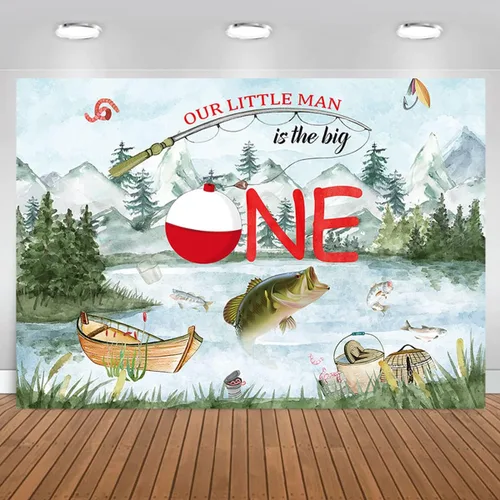 Fondo de fotografía de Our Little Man is The Big One Wild Gone Fishing Background Boy First One Birthday Party Decor Baby Shower Fisherman Party