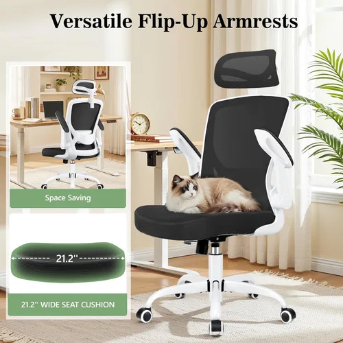 Miniatura 9 de BESTFAIR Silla de oficina ergonómica, sillas de oficina de malla transpirable con soporte lumbar ajustable, brazos abatibles, silla de escritorio