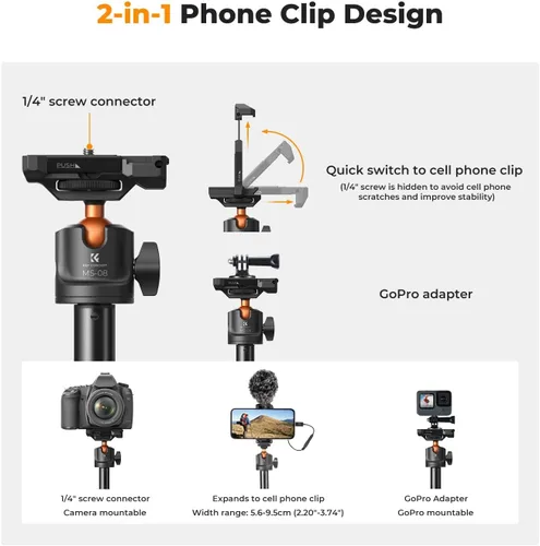 Miniatura 3 de K&F CONCEPT Palo de Selfie Trípode para Teléfono de 62 pulgadas, 2 en 1, ligero y extensible, soporte de trípode para teléfono celular con control