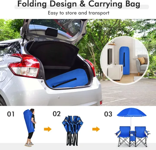 Miniatura 4 de LDAILY LUARANE - Silla plegable doble para campamento, sillas de picnic al aire libre con paraguas extraíble, mini mesa, portavasos y bolsa de Azul