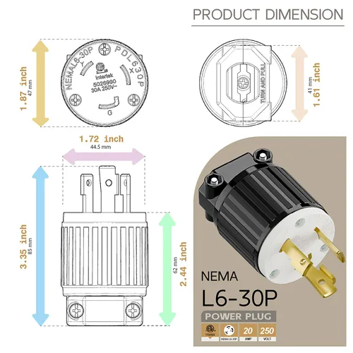 Miniatura 5 de Nema L16-30P Macho 30A 480V Enchufe de alimentación de CA de grado industrial, [ETL] NEMA L16-30P Enchufe de bloqueo, 3 polos, conexión a tierra