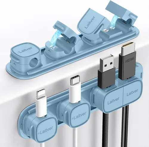 Miniatura 20 de Paquete de 6 clips magnéticos para cables [apertura/bloqueo en 1s], organizador y sujetador de cables Laitver con adhesivo fuerte para escritorio
