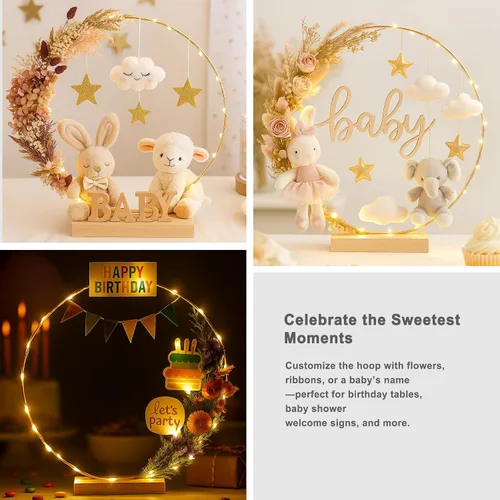Miniatura 7 de Paquete de 12 aros florales con soporte y luces LED de hadas de 10 pulgadas, anillos de metal para centros de mesa de bricolaje, decoraciones