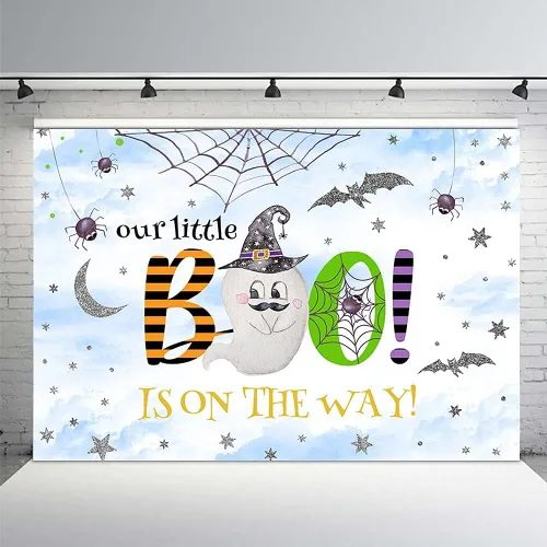 MEHOFOND Fondo de Halloween de 7 x 5 pies para baby shower, fondo azul y plateado para fiesta de otoño, decoración de mesa, suministros de