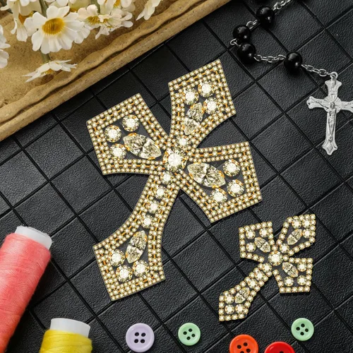 Miniatura 5 de Suncalla 6 piezas de parches de cruz de diamantes de imitación dorados con apliques de cruz de cristal, parches para coser en ropa, bolsos
