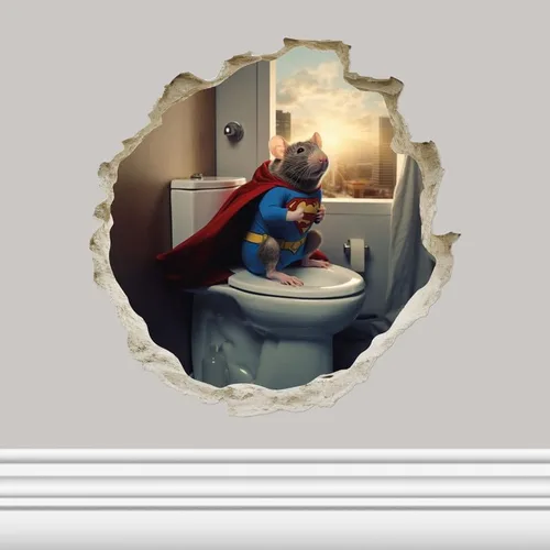 Miniatura 18 de Mouse de fútbol en el inodoro en el agujero del ratón, calcomanía de pared 3D, decoración del hogar de dibujos animados, arte de vinilo, estantería