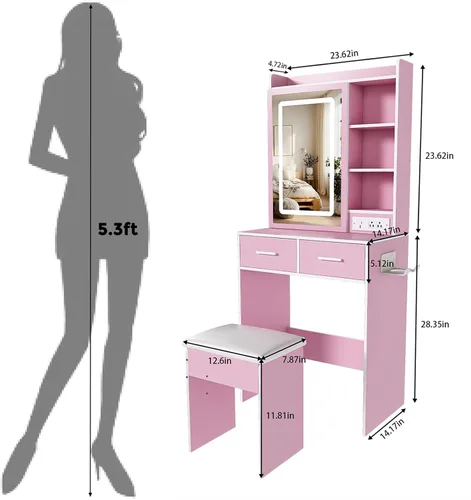 Miniatura 8 de Escritorio de tocador para adolescentes con espejo y luces, pequeña mesa de tocador con espejo deslizante, mini tocador de maquillaje con cajones