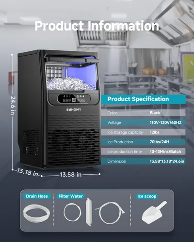 Miniatura 7 de EUHOMY Máquina comercial para hacer hielo, 70 libras/24 horas, 36 cubitos de hielo en 8-12 minutos, máquina de hielo debajo del mostrador con filtro