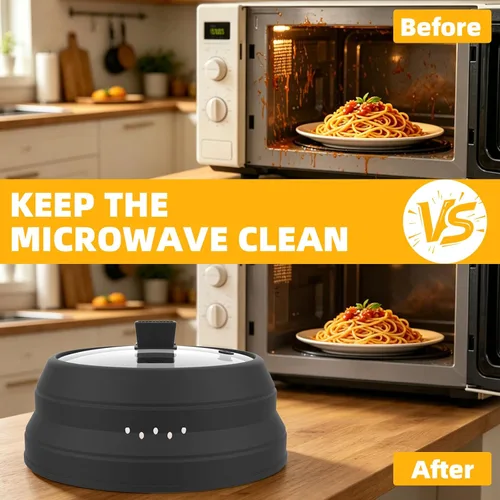 Miniatura 4 de Cubierta alta para salpicaduras de microondas, tapa protectora de vidrio de 5.8 pulgadas de altura con silicona plegable para plato de olla de Negro