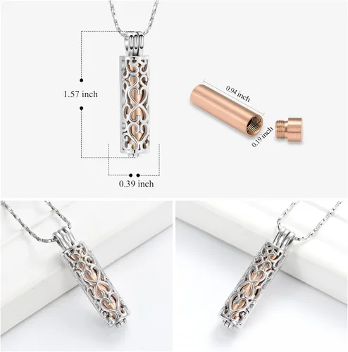 Miniatura 35 de Imrsanl Collar con colgante de urna de cremación con vial de cilindro hueco, urna de recuerdo, joyería de cremación, medallones conmemorativos