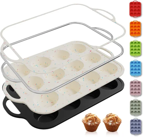 Miniatura 15 de 2 paquetes de 12 tazas de molde para magdalenas de silicona para hornear con marco reforzado de metal, molde para cupcakes de tamaño regular, Crema