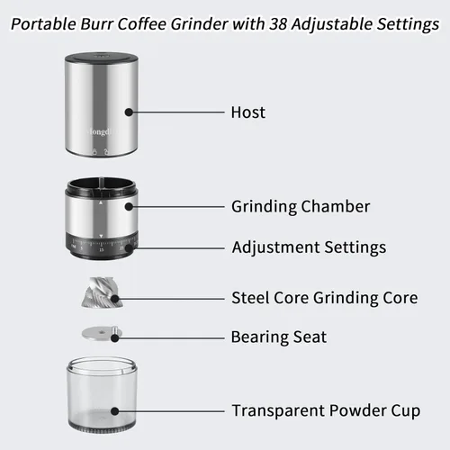 Miniatura 5 de Mongdio Molinillo de Granos de Café Eléctrico Portátil con 38 Configuraciones Ajustables, Molinillo de Café Eléctrico de Rebaba con Núcleo de Acero