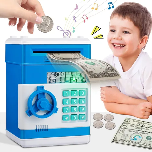 Alcancía para Niños Juguetes Edad 6-8 8-10 - Juguetes para Niños de 4 5 6 7 8 9 10 Años Regalos para Niño - Caja de Ahorro de Dinero Máquina ATM Azul