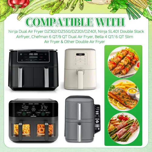 Miniatura 10 de BYKITCHEN 300 piezas de revestimientos para freidora de aire para Ninja Dual Airfryer, papel pergamino desechable rectangular para freidora de aire