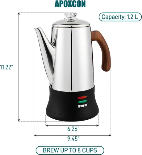 Miniatura 2 de APOXCON Cafetera eléctrica de acero inoxidable con dos perillas de vidrio resistentes al calor y mango de madera tratada con función de mantener