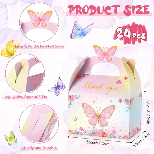 Miniatura 3 de Nezyo - 12 cajas de regalo de fiesta de mariposa, cajas de regalo de dulces de papel floral rosa morado a dos aguas con mango de mariposa