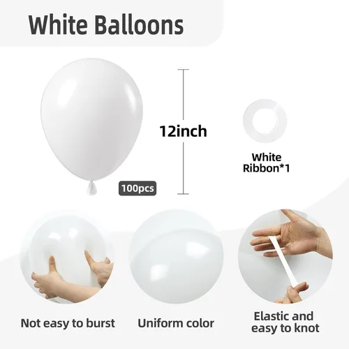 Miniatura 2 de FOTIOMRG Globos blancos de 12 pulgadas, paquete de 100 globos de látex con calidad de helio para cumpleaños, baby shower, decoración de fiesta