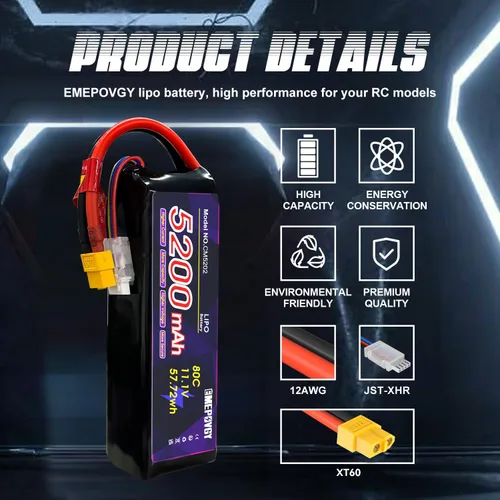 Miniatura 5 de 11.1V Lipo Batería 3S 5200mAh 80C Lipos Soft Case con XT60 Conector para RC Coche Avión Helicóptero Barco Carreras RC Hobby Funda blanda