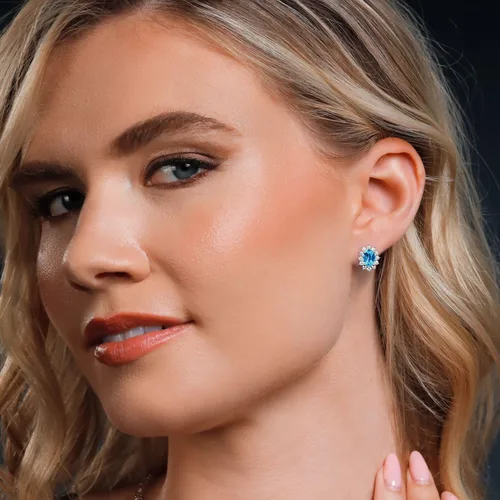 Miniatura 228 de Gem Stone King Aretes ovalados de plata de ley 925 de 0.276 x 0.197 in con piedra natal de la princesa Diana, estilo halo real para mujeres