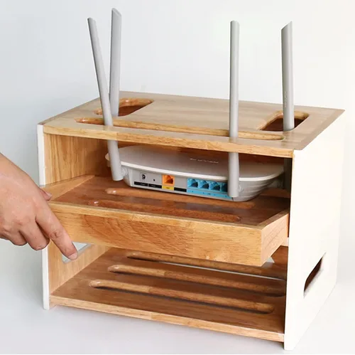 Miniatura 3 de Cable Organizer Box Double-Layer Wooden Router Storage Box Home Office Handmade Cable Tidy Box with Removable Partitions Desktop Tidy Power Strip