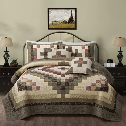Juego de Edredón de 5 Piezas de Algodón Tamaño Queen, Juego de Edredón con Fundas Verde Crema, Juego de Edredón de Retazos a Cuadros, 243,84 cm x