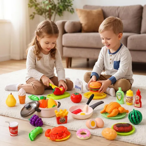 Miniatura 3 de HOLYFUN Juego de juguetes de comida para niños, cesta de la compra con accesorios de corte de frutas y verduras, olla y sartén, platos de plástico
