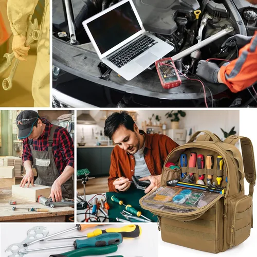 Miniatura 7 de Mochila de herramientas Rexmica para hombres con 3 bolsas de herramientas, bolsa organizadora de almacenamiento de herramientas resistente con Caqui