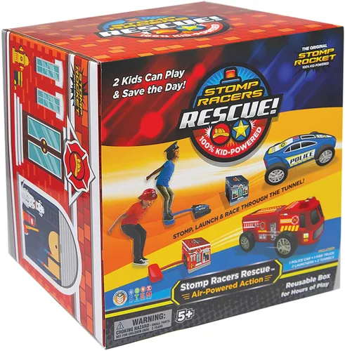 Stomp Rocket Original Stomp Rescue Racers - Coches de carreras de duelo para niños - 1 camión de bomberos, 1 coche de policía, 2 plataformas de