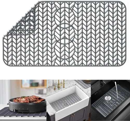 AWOKE - Protectores para fregadero de cocina, alfombrilla de fregadero de 29 x 15.35 pulgadas, resistente al calor, de silicona, fácil de limpiar,