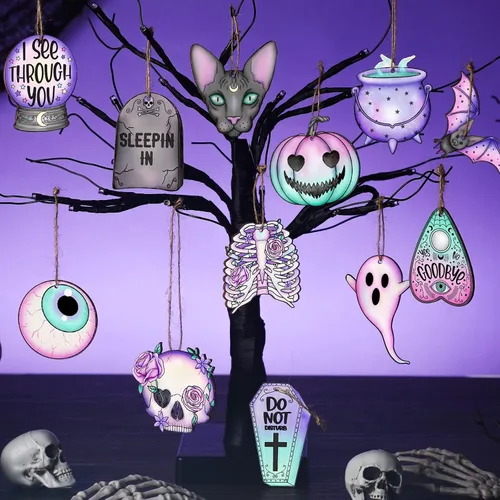 Miniatura 2 de Maitys 36 piezas de adornos de Navidad góticos, adornos de árbol de Navidad de madera espeluznantes de terror, fantasmas morados y rosas, gato
