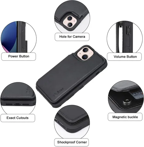 Miniatura 6 de Arae Funda para iPhone 13 con tarjetero - Funda tipo cartera con bolsillos para tarjetas de piel sintética con tapa trasera para iPhone 13 de 6.1