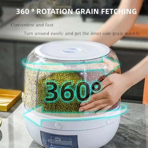 Miniatura 2 de DYRABREST Dispensador de arroz, dispensador de cereales giratorio de 360°, dispensador de almacenamiento de granos multigrano redondo de 6 rejillas
