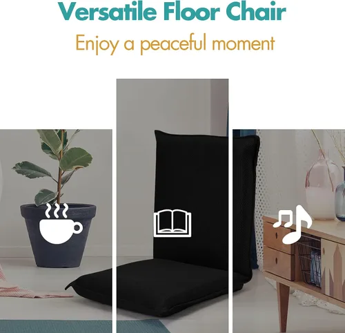 Miniatura 7 de GOFLAME Silla de suelo ajustable, sofá plegable acolchado de 6 posiciones, soporte de respaldo acolchado, sofá perezoso para leer juegos de Negro