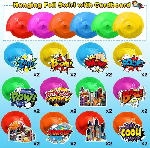 Miniatura 2 de Sumind 54 carteles colgantes con temática de héroe de remolinos de acción de papel de aluminio para el techo, decoración de fiesta para niños, baby