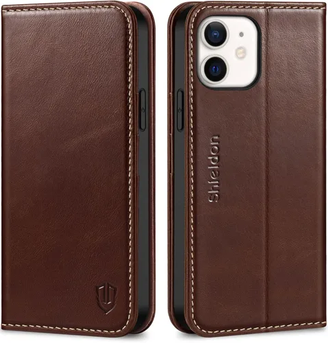 SHIELDON Funda para iPhone 12 de 6.1", cartera de cuero genuino con protección magnética tipo libro, soporte con bloqueo RFID para tarjetas de Café